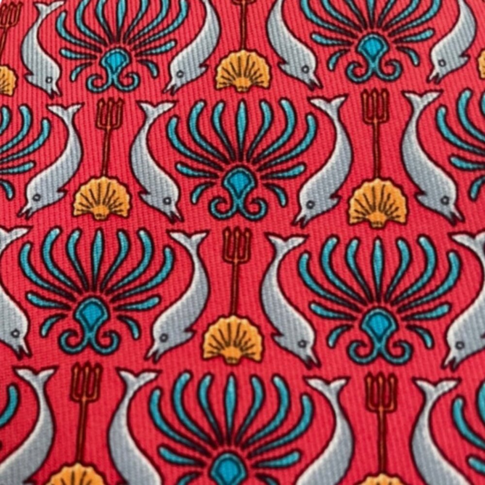 100% REAL HERMES TIE ~ RED FUN GOLD & BLUE DOLPHINS & SHELLS TRIDENTS CONCH